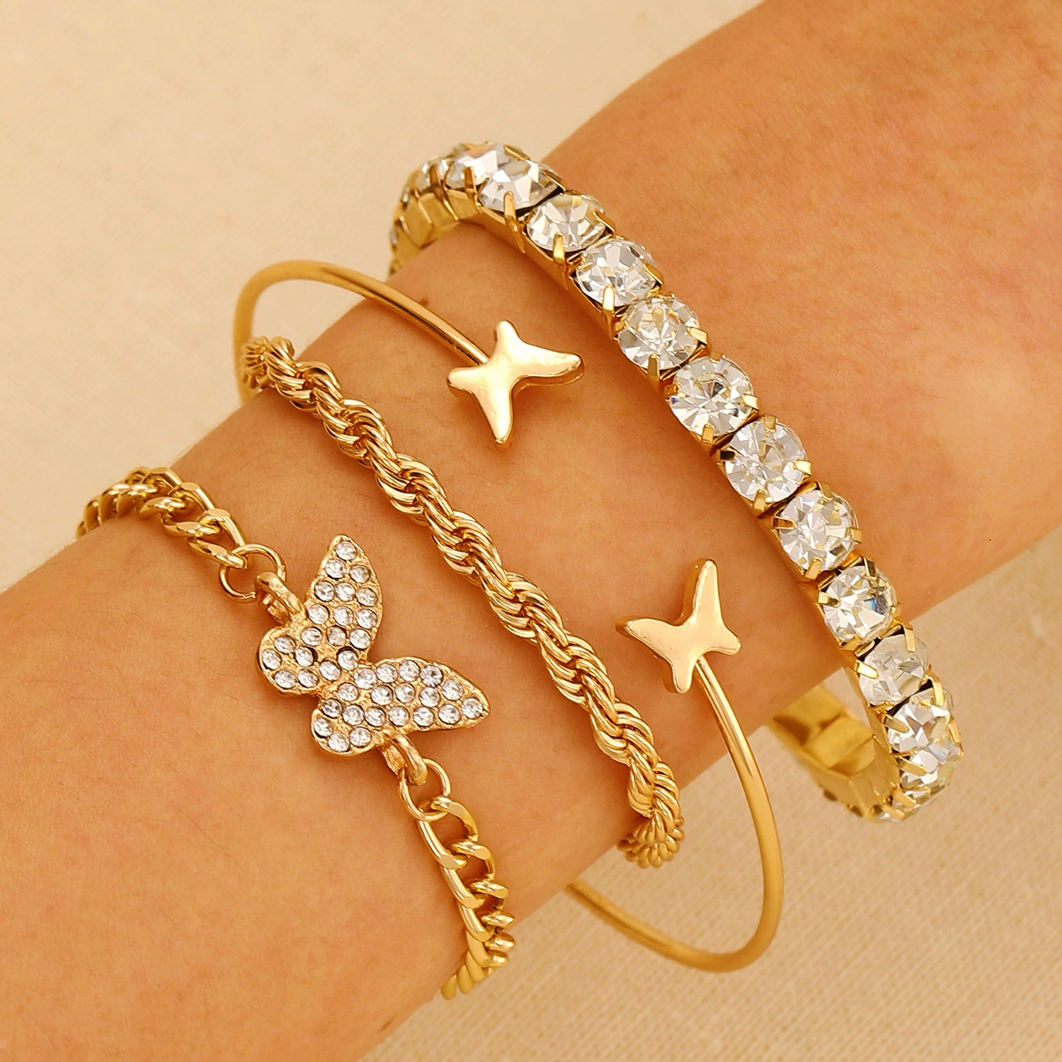 Metal Bracelet Set, 4-Piece Multi-Style (hip-hop, punk, European) – mixed finishes