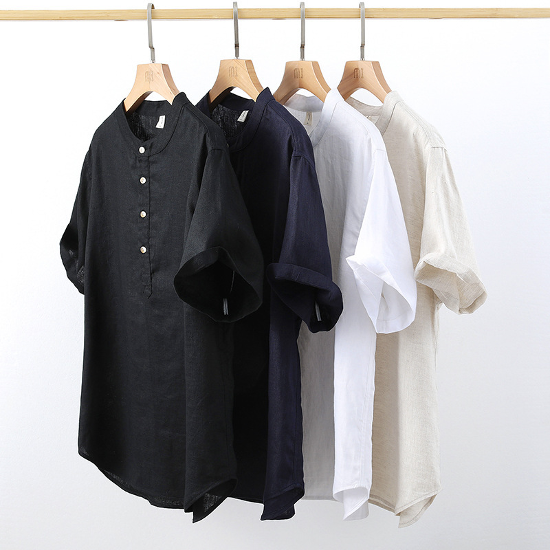 2025 Chinese Style Pure Linen Short-Sleeved T-Shirt Men's Summer Loose Three-Quarter Sleeve Shirt Chinese Style Stand-Up Collar Top Trendy