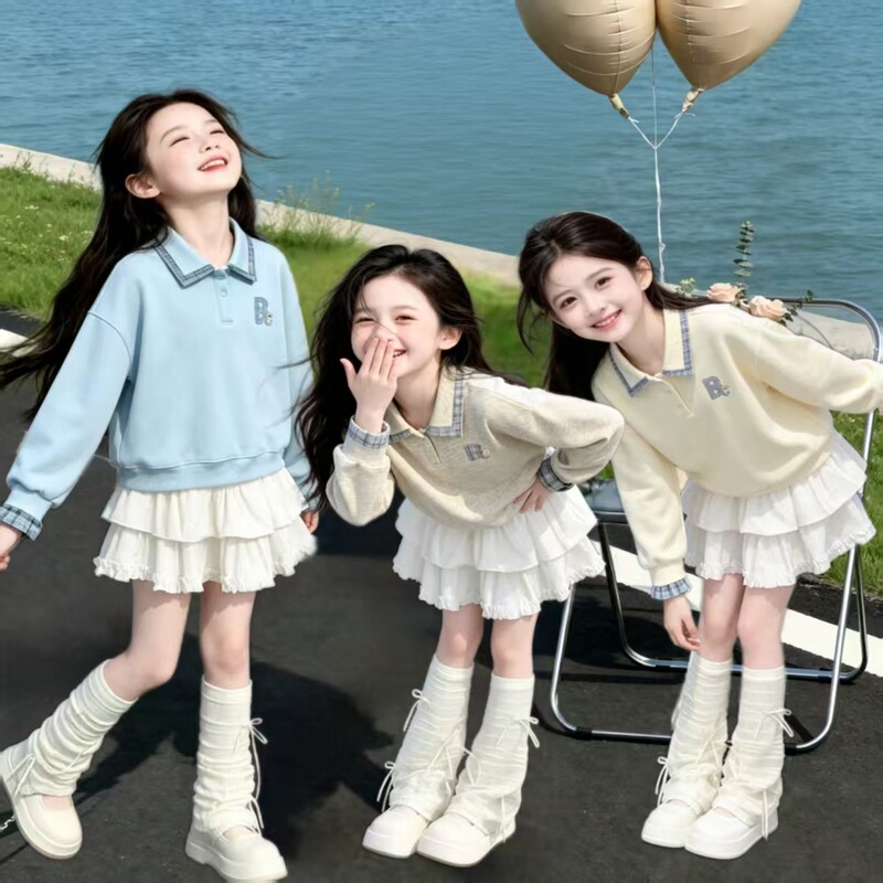Girls' Spring and Autumn College Style Outfit: Fashionable Collared Sweatshirt and Cake Skirt for Middle School Students, Sweet Two-Piece Skirt Set