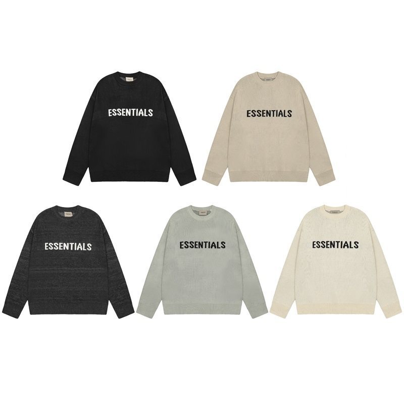 Fog Essentials Double-Line Letter Round-Neck Pullover Knitwear for Men and Women, Autumn and Winter Trendy Loose-Fitting Base Sweater
