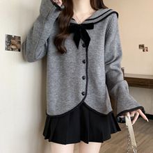 大码新品秋冬洋气蝴蝶结毛衣女设计感小众海军领开衫针织衫上衣