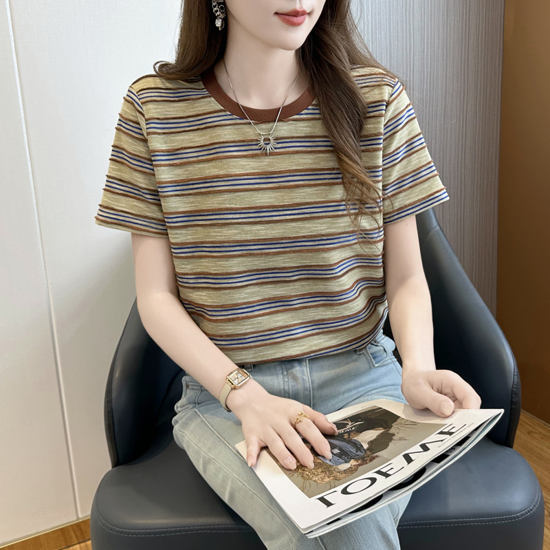 227~蓝色条纹短袖t恤女2025春夏季新款圆领打底上衣|undefined