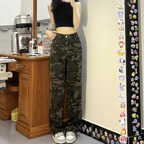 European and American working clothes hot girl short camouflage small xs high-rise jeans women high-waist hip-hop 150 straight straight nine points
