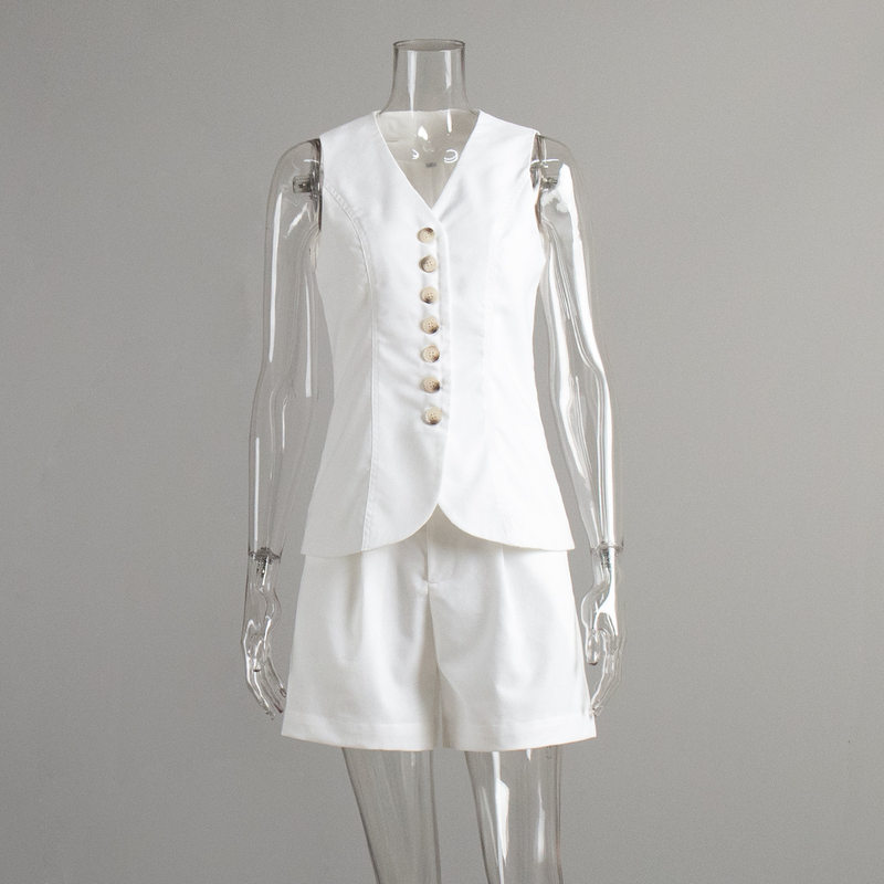 Bộ vest gile và quần short nữ chất liệu lanh cotton, áo khoét vai không tay, kiểu công sở — Màu mơ, Màu nâu đậm, Màu trắng, Màu xanh nước biển