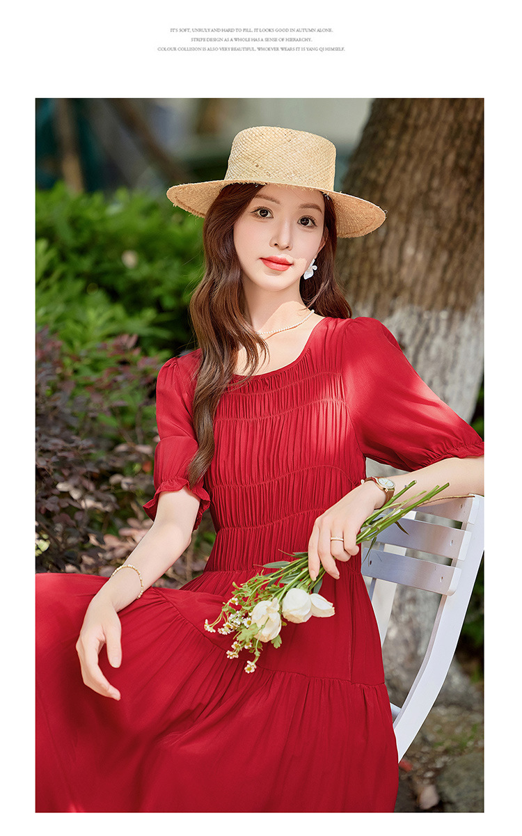 Đầm suông nữ midi che bụng eo màu trơn NI510 — Màu đen, Màu đỏ chi tiết 16