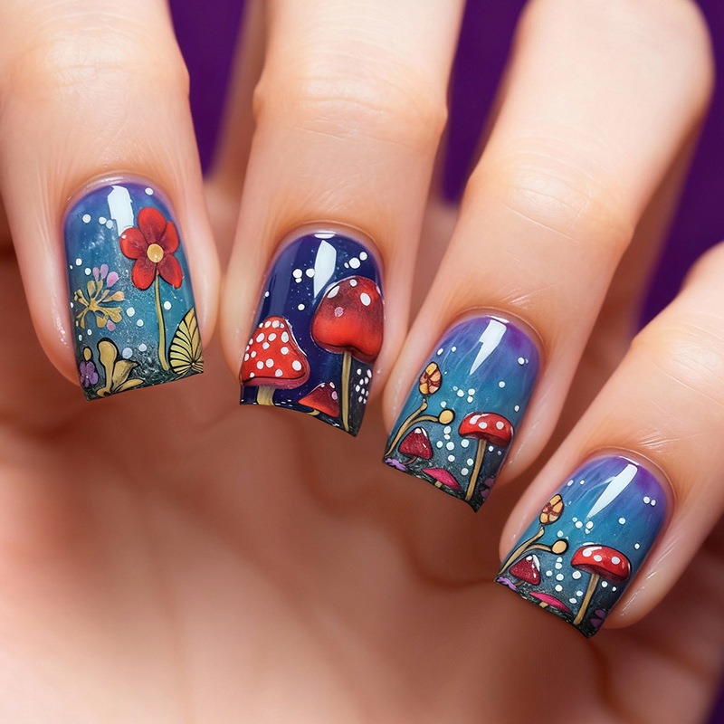 Cross-Border Short Square Nails, Cool Colorful Mushroom Design, Wearable Nails, Red Mushroom Flowers, Grassy Glossy Fake Nails