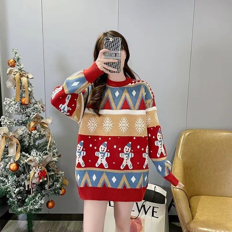 New Red Christmas Sweater Knitwear Snowman Autumn and Winter Loose Versatile Lazy Style Thickened Knitted Base Top