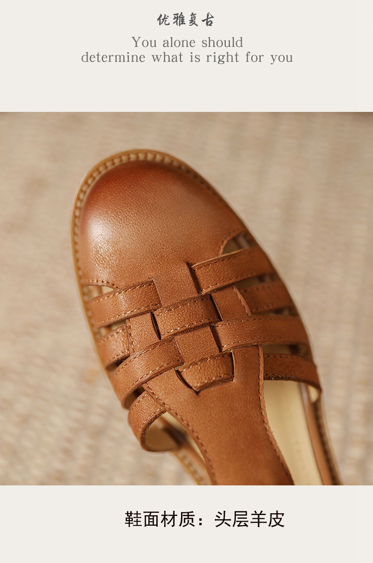 Sandal bít mũi da cừu phong cách La Mã quai chữ T dệt cho nữ — Màu caramel chi tiết 7