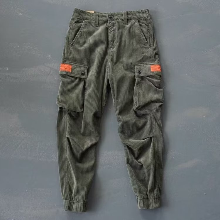 Nuevo mono de Bolsillo grande retro para hombres pantalones casuales de moda sueltos de todo el partido de pana de moda Pantalones americanos atados al tobillo