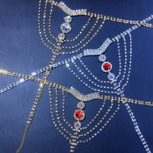 New European and American-style sexy red rhinestone breast chain and body chain set—trendy cross-border women's accessories, perfect for adding a glamorous touch to your look.
