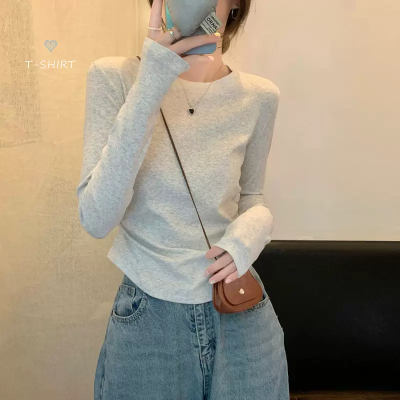小心机褶皱灰色长袖t恤女2025春秋季韩版体恤修身百搭打底衫内搭