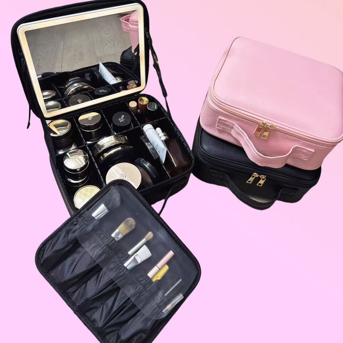 Bolsa de cosméticos multifuncional con espejo, caja de cosméticos con luz LED ajustable de tres colores, bolsa de almacenamiento de maquillaje portátil con maquillador