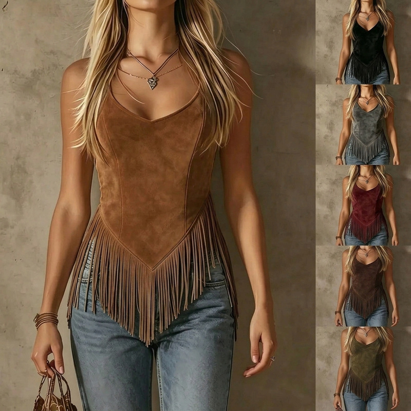 New cross-border fashion western cowboy style tassel camisole sleeveless V-neck slim-fit suede top