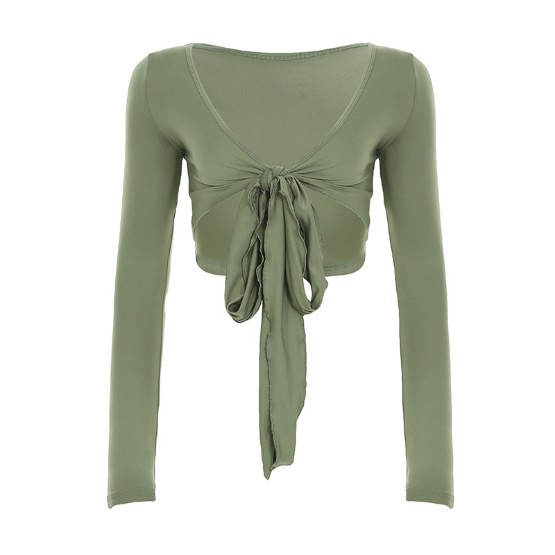 European And American Sexy Style Basic Versatile Skin-colored Strap Low V-neck Ultra-short T-shirt For Women, Slim Fit,_ecoleips.com