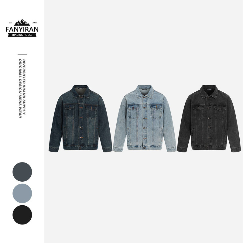 Arbendo Classic American Fashion Brand Denim Jacket for Men, Retro Washed Ice Blue Denim Jacket Wt1424