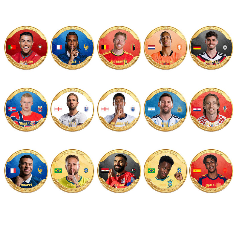 2026 World Cup Commemorative Alloy Coin Featuring Football Stars Cristiano Ronaldo, Messi, Mbappe, Metal Craftsmanship, Gift Box Badge