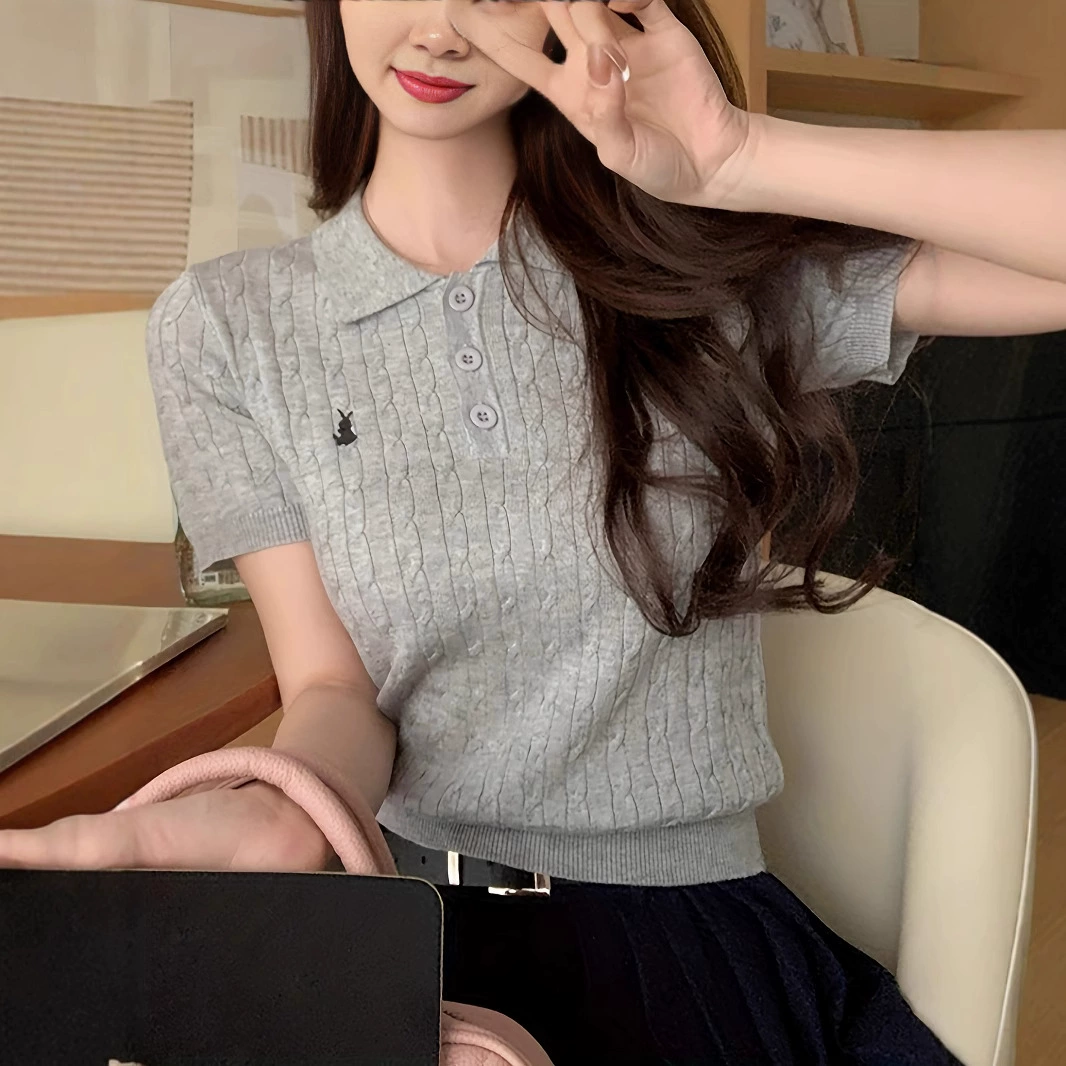 Хит продаж Amazon: женский свободный укороченный топ с короткими рукавами и вязаным узором «кролик», свежий и повседневный стиль.