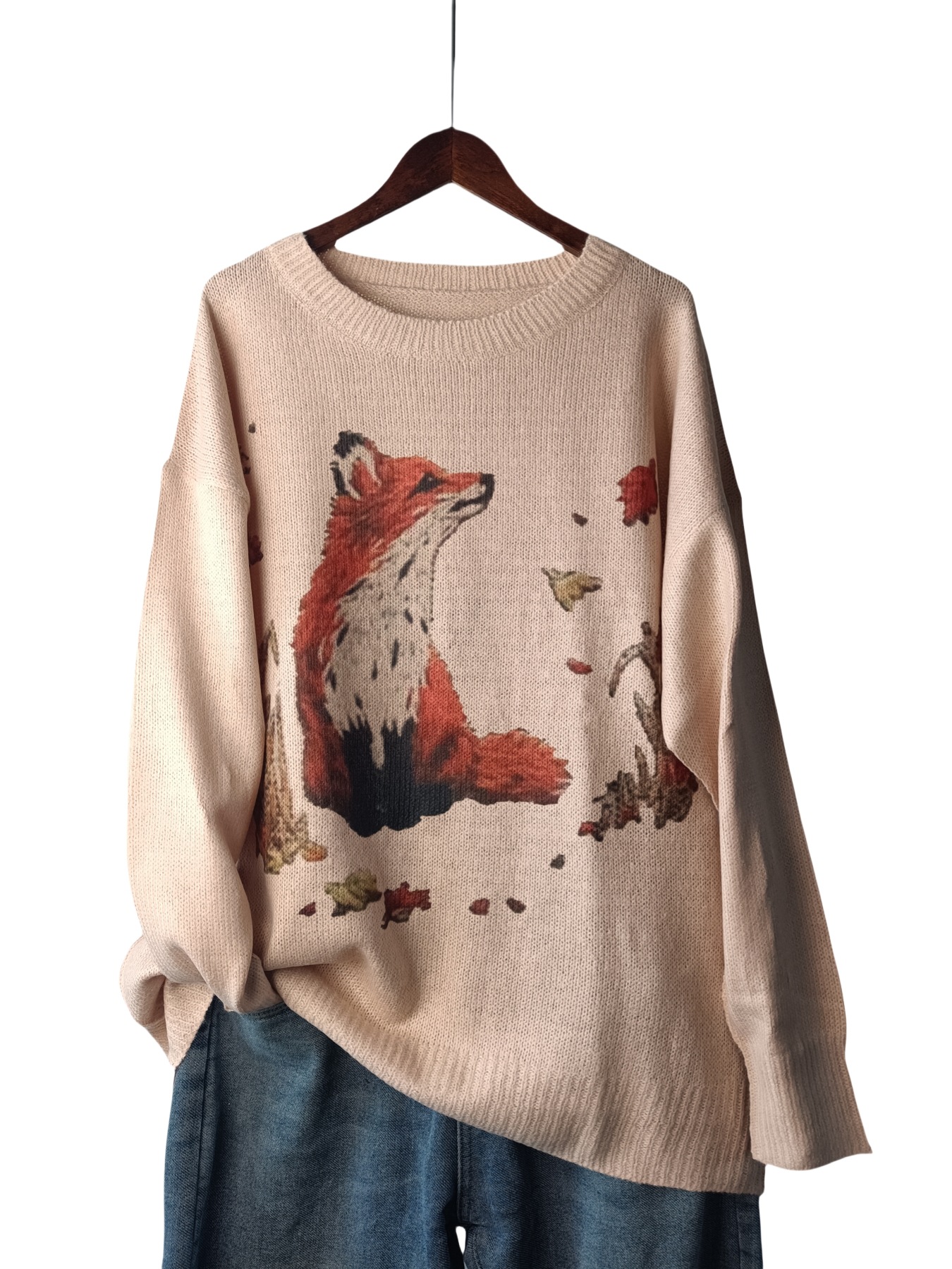 25 Early Spring New Arrivals: Round Neck Sweater, Loose Fit, Fox Pattern, Thin Knit, High-End Feel, Versatile, Women's Casual Inner Wear