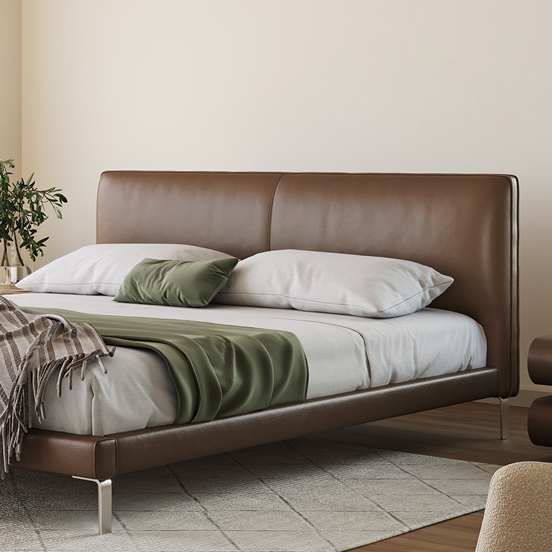 Cama de cuero genuino italiano minimalista cama suave dormitorio principal moderno minimalista cama doble 1,8 m delgada cabecera negro borde-longitud