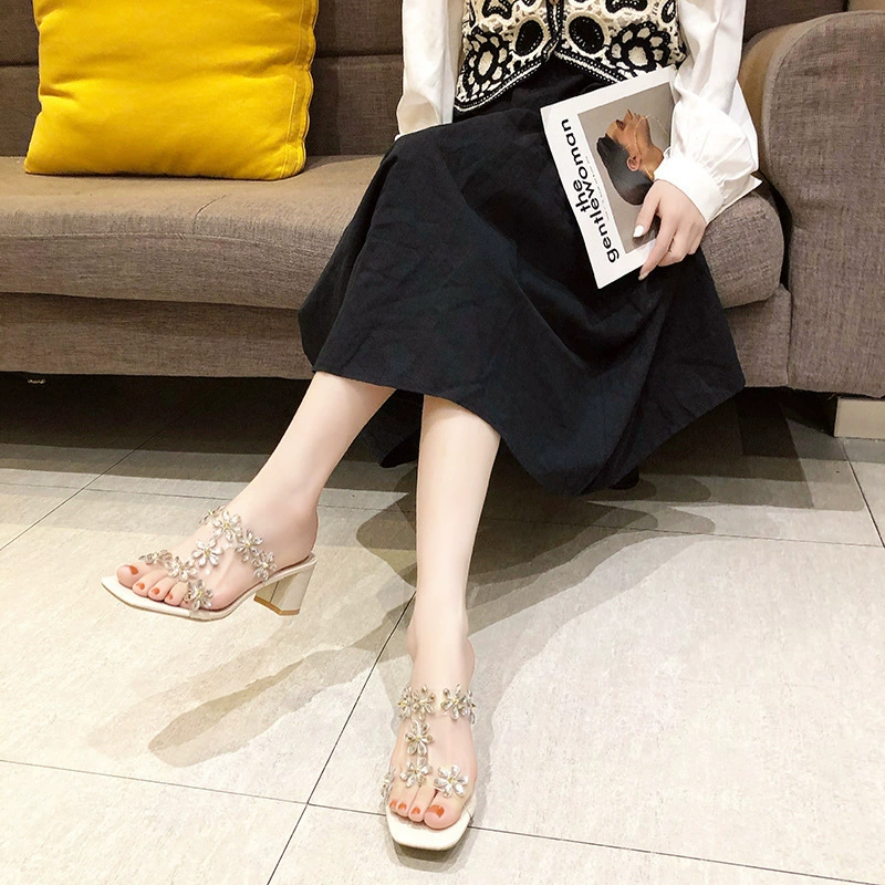 Модные сандалии со стразами в Корейском стиле, женские летние на среднем каблуке, толстый каблук, популярные новые летние модные женские туфли со стразами, Интернет-знаменитости, на высоком каблуке