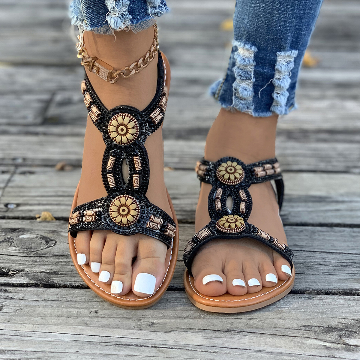 Bohemian 2024 Sommer Neue Perlen Wasser Diamant Bull Muscle Sohle Anti rutsch Schwangere frauen Schuhe Strand Sandalen_voghion.com
