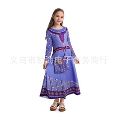 跨境wish萬聖節新品星願阿莎紫公主晚禮服連衣裙兒童飛飛袖童裙女