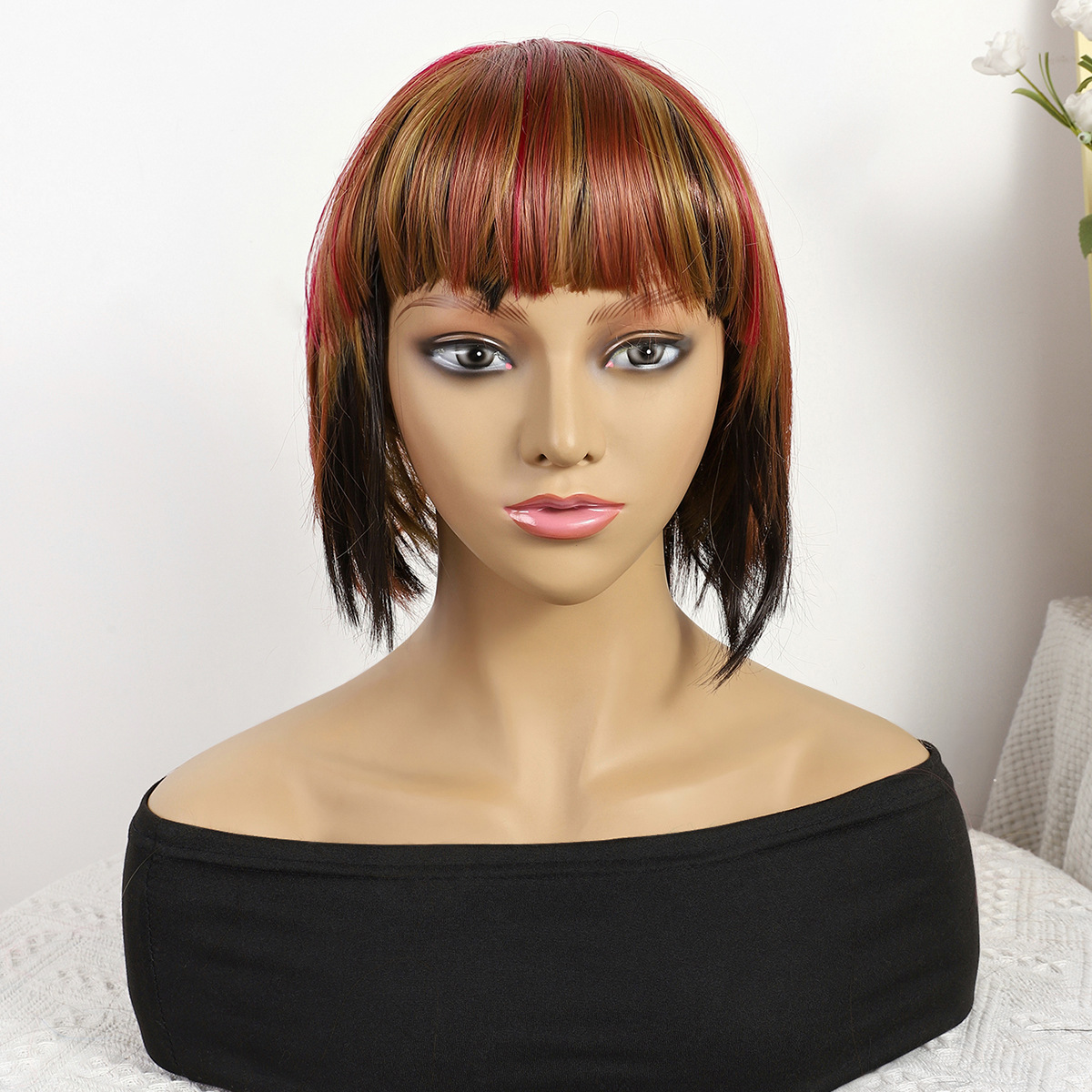 Transfronterizo nuevo marrón-rojo mezcla gradiente largo recto 12 pulgadas sin encaje pelucas europeas y brasileñas