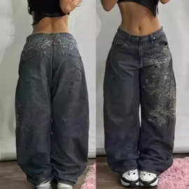 跨境厂家直销新款宽松牛仔刺绣嘻哈休闲牛仔裤高街男款高腰嘻哈