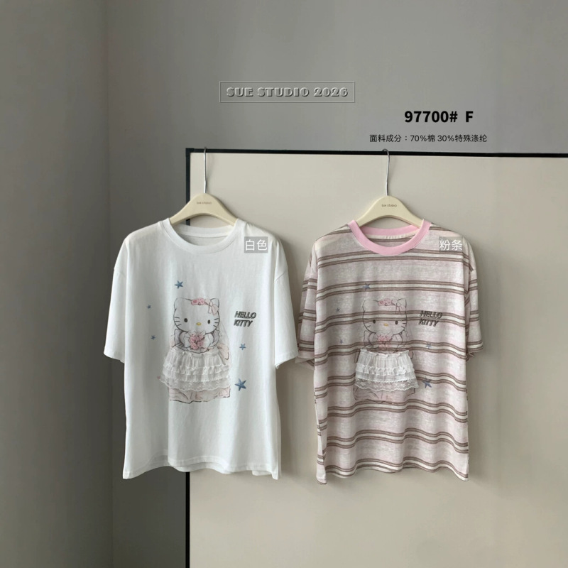 Nai Fei Soft and Skin-Friendly Cartoon Pattern Printed Short-Sleeved T-Shirt Summer New Style Wedding Dress Patchwork Top for Women 97700