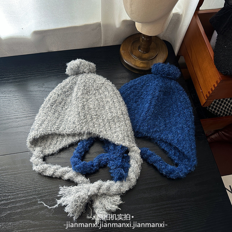 毛绒帽子女秋冬天护耳保暖毛茸茸可爱纯色百搭冷帽绑带针织毛线帽|undefined