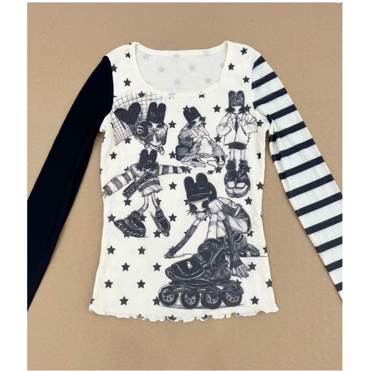 Subculture Japanese Style Splicing Y2K Millennium Sexy Star Stripesd Asymmetric Design T-Shirt Long-Sleeved Slim Top