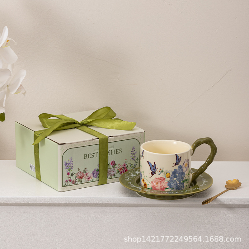 レトロ油絵コーヒーカップ皿セット陶磁器マグカップ小衆カップルカップ蝶コーヒーカップ皿ギフトボックス|undefined