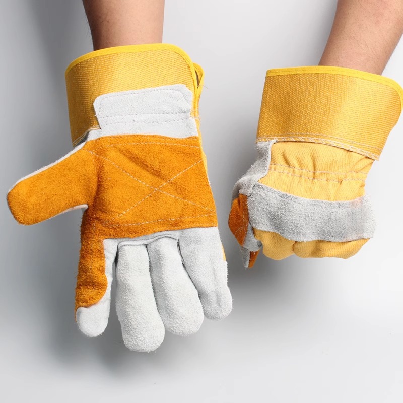 牛皮焊工手套全掌条纹耐高温耐磨软皮防护电焊业无缝劳保手套