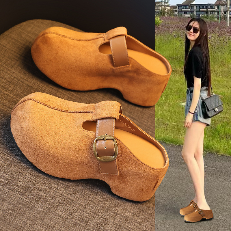 Dép lê nữ Birkenstock đế xuồng HY1009 thời trang mùa thu, đế dày, nâng chiều cao, kiểu lười, mũi kín — con lạc đà