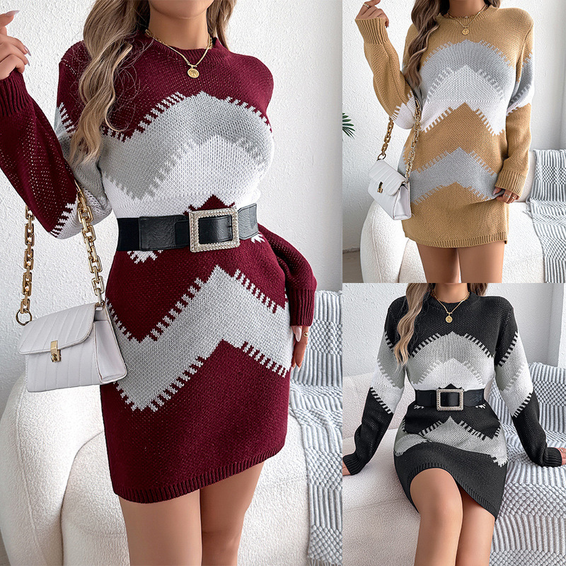 Real Shot of 2026 Autumn and Winter Casual Color-Blocked Lantern Sleeve Sweater Dress, Independent Cross-Border European and American Women's Fashion