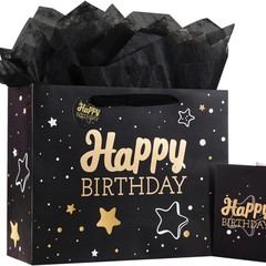 黒い誕生日ギフトバッグ、ティッシュペーパーとグリーティングカード付き、13x102x49inch、中