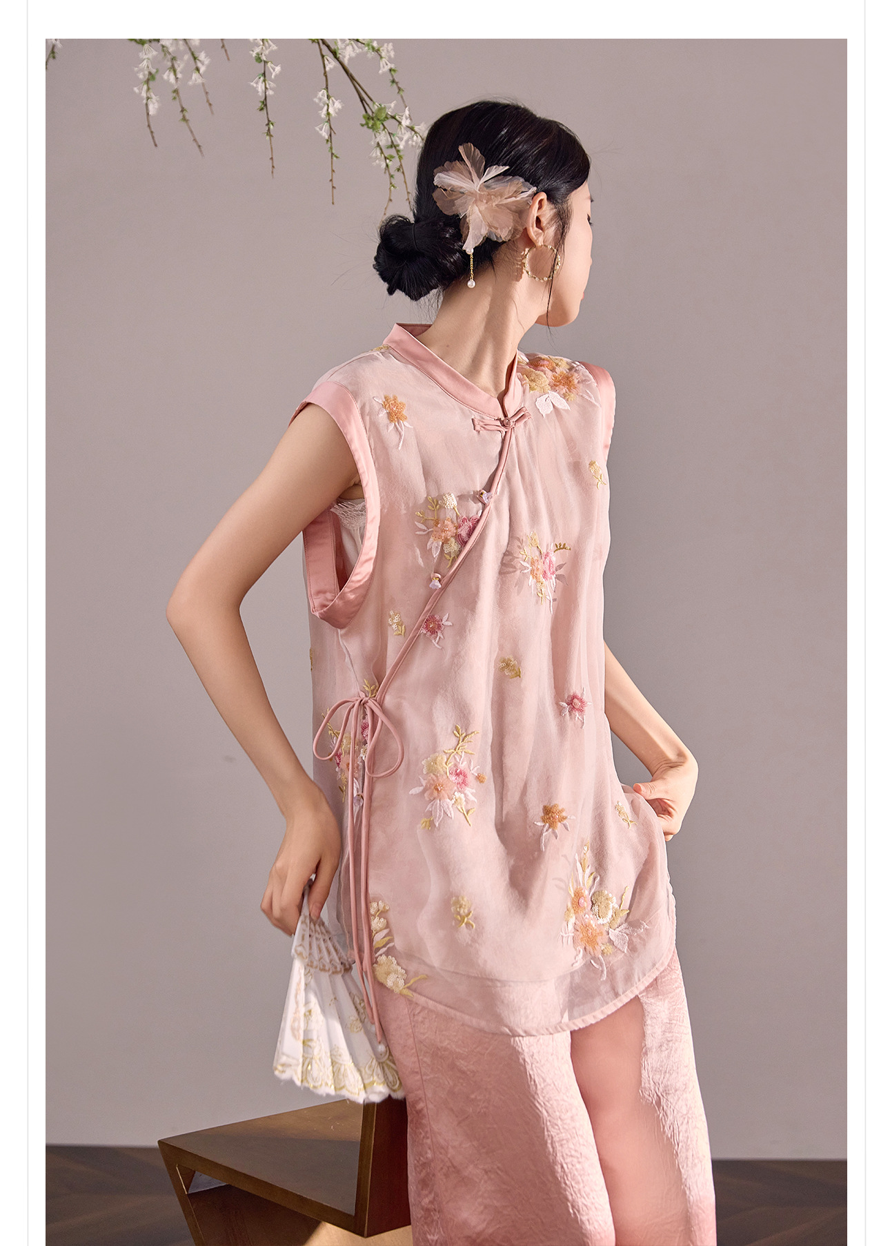 Áo vest lụa tằm thêu hoa phong cách Trung Quốc mới, thiết kế mỏng mùa hè M4007B — màu hồng chi tiết 6