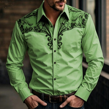 Men's Western Vintage Printed Long Sleeve Shirt, Cross-Border Amazon Baroque Scroll Design Denim Style Shirt Men's Western Vintage Printed Long Sleeve Shirt, Cross-Border Amazon Baroque Scroll Design Denim Style Shirt