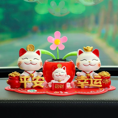 in Wealth and Treasure Cat: Car ornaments - shaking-head-peace-lucky-bring-in-wealth-and-treasure-cat-sunflower-red-peace-and-joy-mat