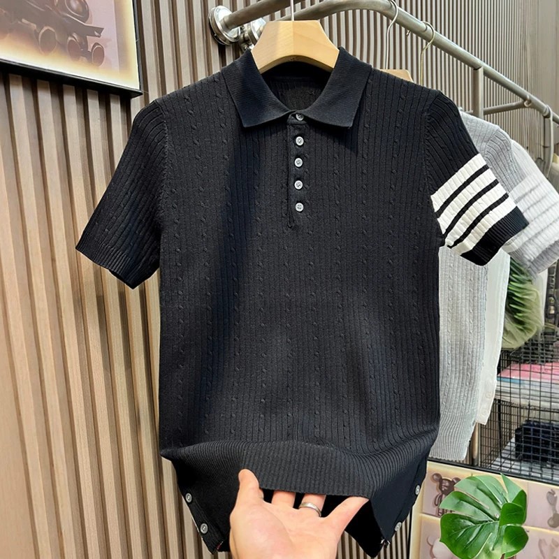 Polo camiseta de punto camiseta de manga corta hombre cuatro barras TB rayas tricolores torsión vieja fábrica de viento de dinero transfronterizo al por mayor
