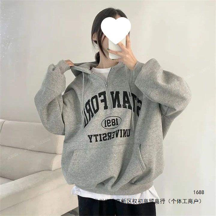 Women's zip-up hoodie, spring/autumn/winter, fleece-lined, thick and thin, loose fit, mid-length.