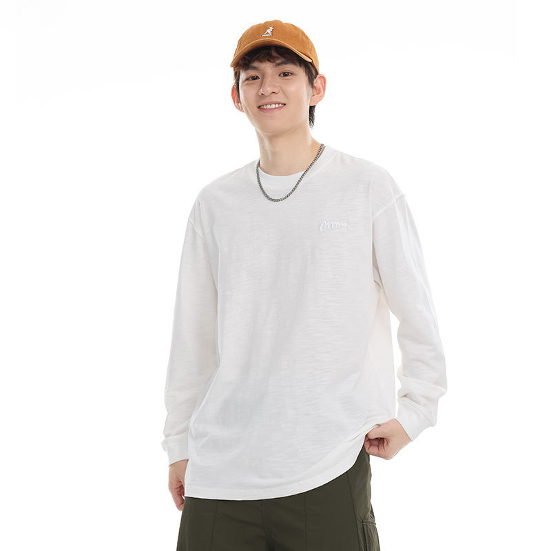 重いポンドの竹節綿の長袖のtシャツの男性の2024新型の秋のアメリカの刺繍の純綿の底のシャツのカジュアルな上着|undefined