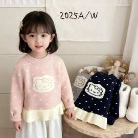 女童毛衣套头衫2025秋冬新款洋气卡通可爱圆点女宝针织衫儿童上衣