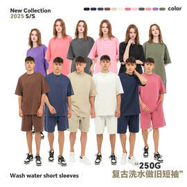 2025新款跨境250G做旧t恤男 重磅纯棉美式复古风做旧泛白男士短袖
