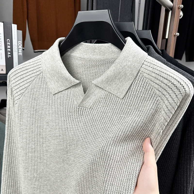 Pineapple Pattern Seagull Collar Pure Cotton Long-Sleeved Knit Sweater for Men, New Spring and Autumn Style, Black Oatmeal Gray, Dark Gray