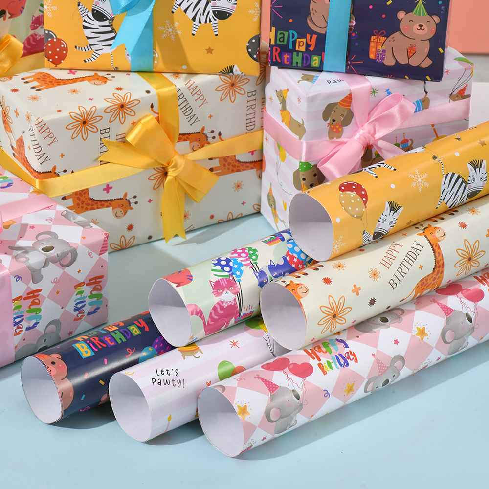 Nuevo papel de embalaje de regalo de dibujos animados de animales papel de regalo de cumpleaños para niños caja de regalo de vacaciones papel de regalo embalaje de papel recubierto