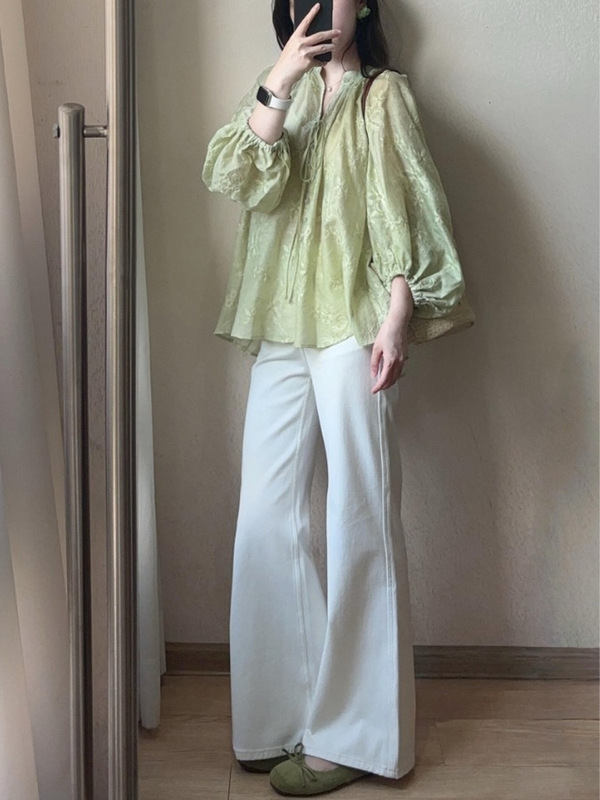 2025早秋法式茶里茶气别致超好看漂亮独特绿色长袖上衣女夏季小衫|undefined