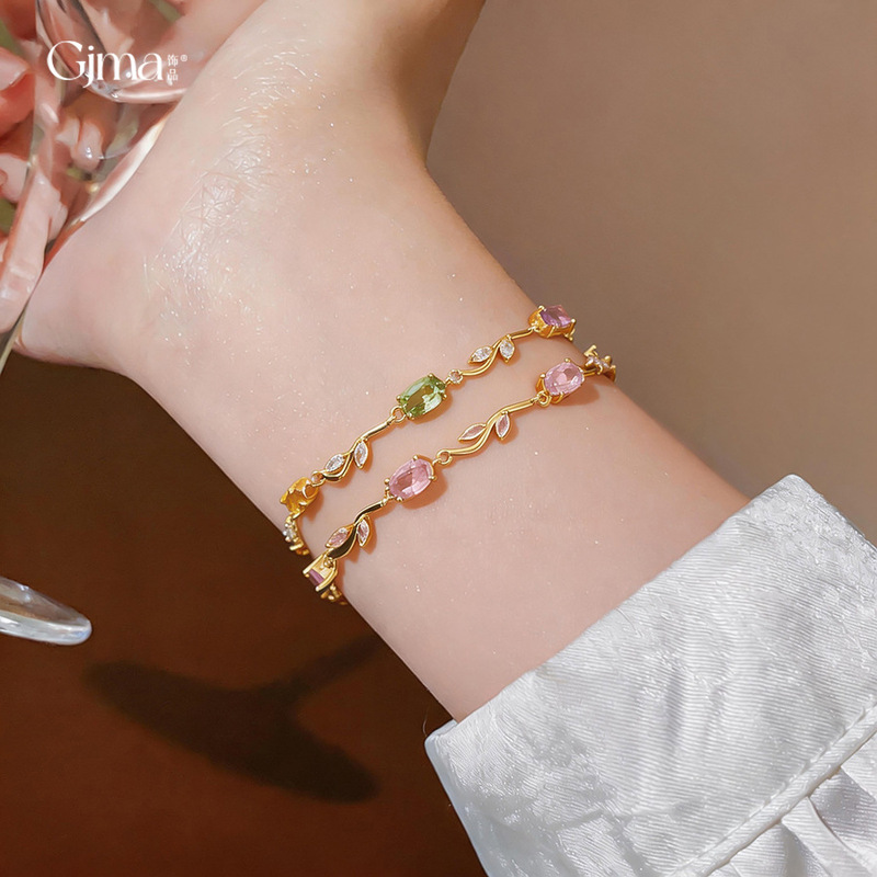 Monet's Garden~Colorful Zircon Oval Leaf Bracelet, Light Luxury and High-End Feel, Exquisite and Sweet Girl's Jewelry