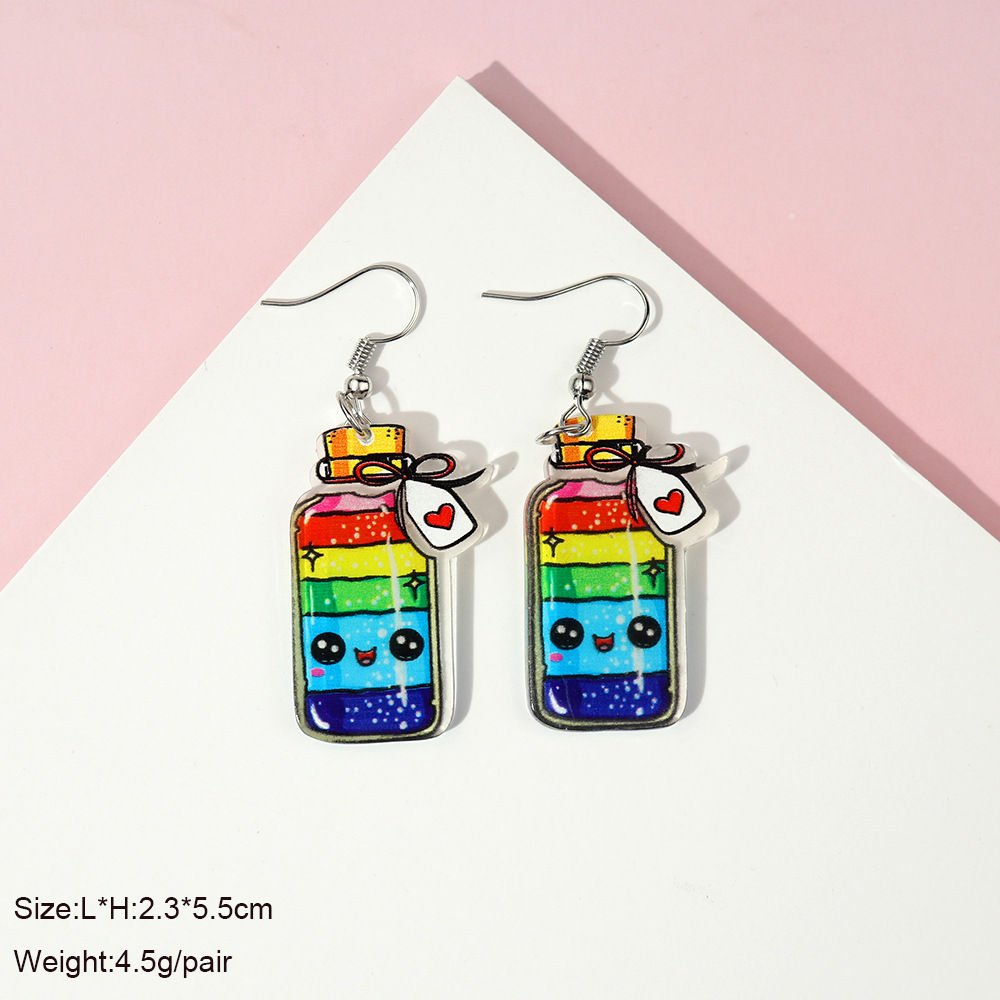 8g Weight Drop Earrings Classification 1 Pair Quantity Daily Occasion Acrylic Material Milky tea bottle, Letter, Rainbow Pattern Women'S Gender Cute Style 1 Pair Cute Milky Tea Bottle Letter Rainbow Arylic Drop Earrings 1