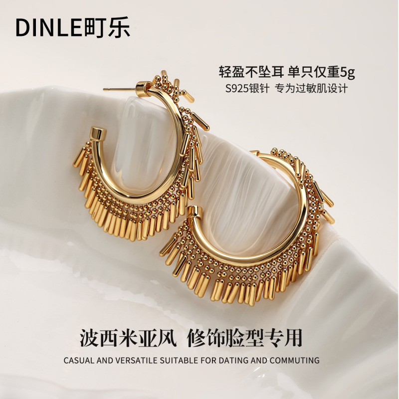 S925银针欧美夸张流苏耳环女高级感轻奢百搭简约气质耳圈耳饰批发|undefined